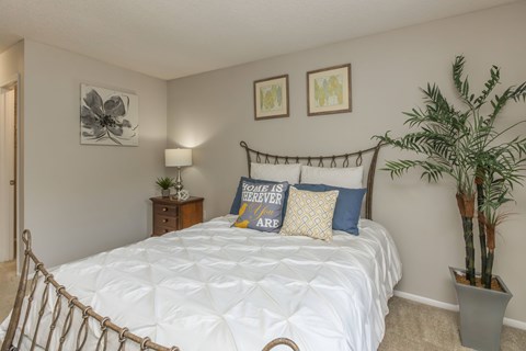 A bedroom with a white bed and a plant.