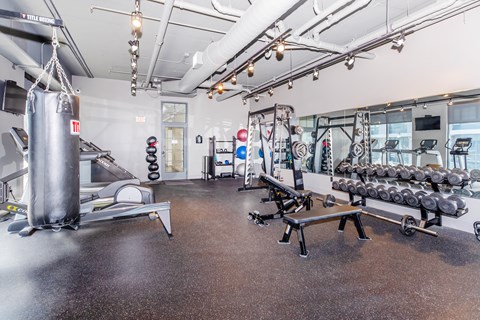 A gym with a punching bag, weight racks, and a bench press.