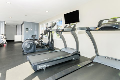 A treadmill and a stationary bike are in a gym.