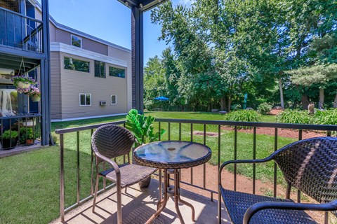 A patio with a table and chairs overlooking a green lawn.