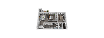 A 3D floor plan of a house layout.