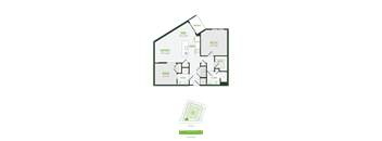 A floor plan of a house with labeled rooms such as Dine, Relax, and Work.