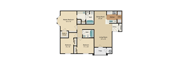 A floor plan of a house with a master bedroom, two living rooms, two bathrooms, a kitchen, and a patio.