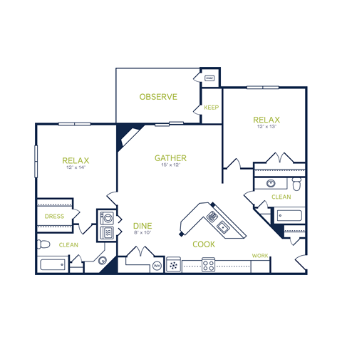 A floor plan of a house with labeled rooms such as "DIN", "COOK", and "GATHER".
