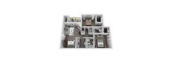 A 3D floor plan of a house with labeled rooms.