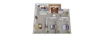 A 3D floor plan of a house with multiple rooms and furniture.