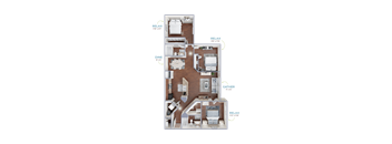 A 3D rendered image of a house layout with labeled rooms such as Dine, Gather, and Relax.