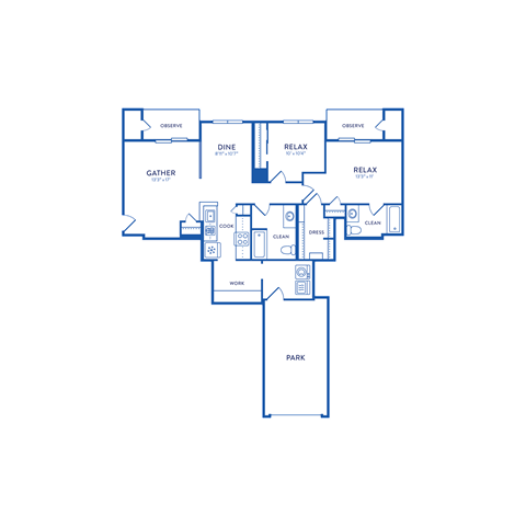 A floor plan of a house with a dining room, two relaxation areas, a gathering space, a work area, a park area, and a cleaning space.