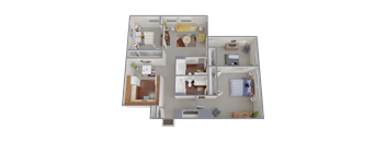 A 3D floor plan of a house showing a kitchen, living room, dining room, and two bedrooms.
