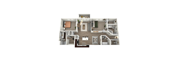 A 3D rendered image of a house layout.