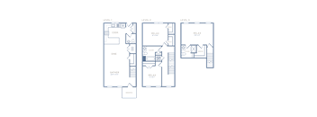 Three floor plans for a house with a kitchen, dining area, and living room.