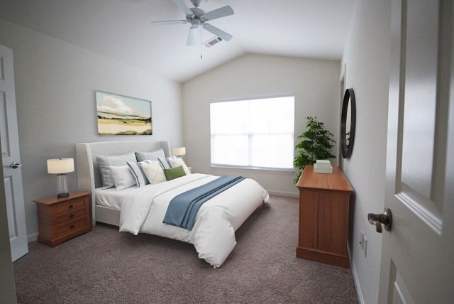 A bedroom with a bed, nightstand, and a painting on the wall.