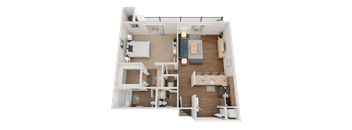 A 3D floor plan of a house showing a kitchen, living room, and two bedrooms.