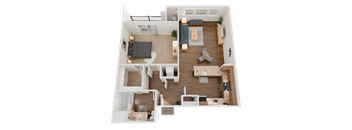 A top-down view of a house interior with a living room, kitchen, and dining area.