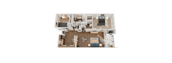 A top-down view of a two-bedroom apartment with a living room, kitchen, and bathroom.