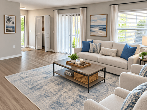 A living room with a couch, chair, and a coffee table.