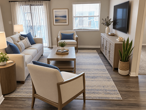 A living room with a white sofa, a wooden chair, a coffee table, and a television.
