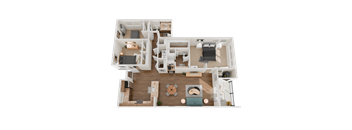 A detailed 3D floor plan of a two-story house with multiple rooms and furniture.