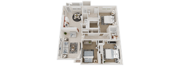 A 3D floor plan of a house with a living room, dining room, kitchen, and two bedrooms.