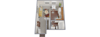 A floor plan of a small apartment with a living room, kitchen, and bathroom.