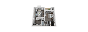 A 3D floor plan of a small apartment layout.