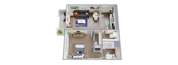 A 3D floor plan of a small apartment with a living room, kitchen, and bathroom.