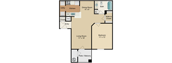 A floor plan of a house with a living room, dining room, kitchen, bathroom, bedroom, and patio.