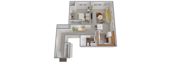 A 3D floor plan of a house with a living room, kitchen, and bathroom.