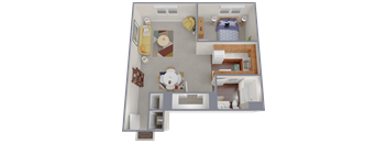 A 3D rendered image of a small apartment layout.