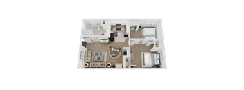 A top-down view of a well-furnished apartment.