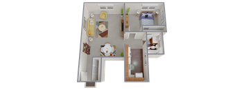A 3D floor plan of a small apartment with a bedroom, living room, kitchen, and bathroom.