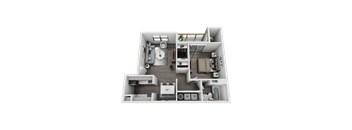 A 3D floor plan of a house with a living room, kitchen, dining area, and two bedrooms.