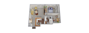 A 3D floor plan of a small apartment with a bedroom, living room, kitchen, and bathroom.