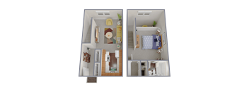 A 3D floor plan of a two-bedroom apartment with a living room, kitchen, and bathroom.