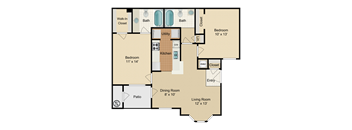 A floor plan of a house with a living room, dining room, kitchen, two bedrooms, a bathroom, and a patio.