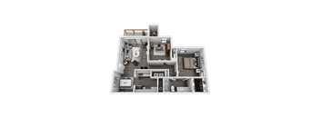 A 3D floor plan of a house layout.