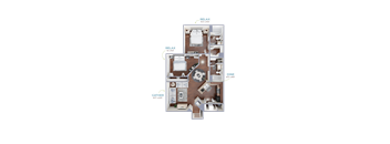 A floor plan of an apartment with a living room, dining room, kitchen, and a gathering space.