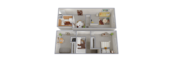 A 3D floor plan of a two-bedroom apartment.