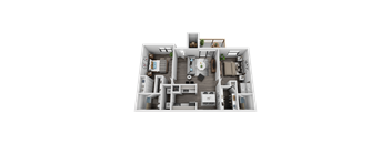 A 3D floor plan of a house showing a kitchen, living room, dining room, and bedrooms.