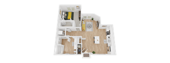 A 3D floor plan of a house with a living room, kitchen, and two bedrooms.