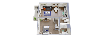 A 3D floor plan of a small apartment with a living room, kitchen, and bathroom.