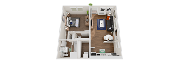 A top-down view of a small apartment with a bedroom, living room, and kitchen.