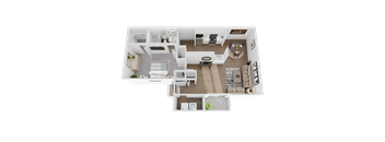A 3D floor plan of a house with a living room, kitchen, dining room, and bedrooms.