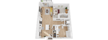 A top-down view of a small apartment with a kitchen, living room, and bathroom.