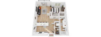 A 3D floor plan of a house with a living room, kitchen, and bathroom.