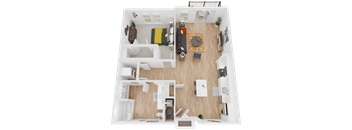 A top-down view of a small apartment with a living room, kitchen, and bedroom.