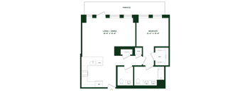 A floor plan of a house with a living room, dining room, bedroom, and bathroom.