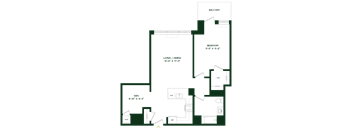 A floor plan of a house with a balcony, bedroom, living/dining area, den, and a WC.