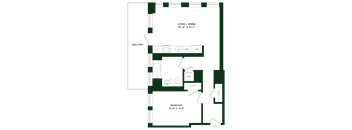 A floor plan of a living and dining area sits next to a bedroom.