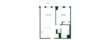 A floor plan of a house with a living room, dining room, bedroom, and bathroom.